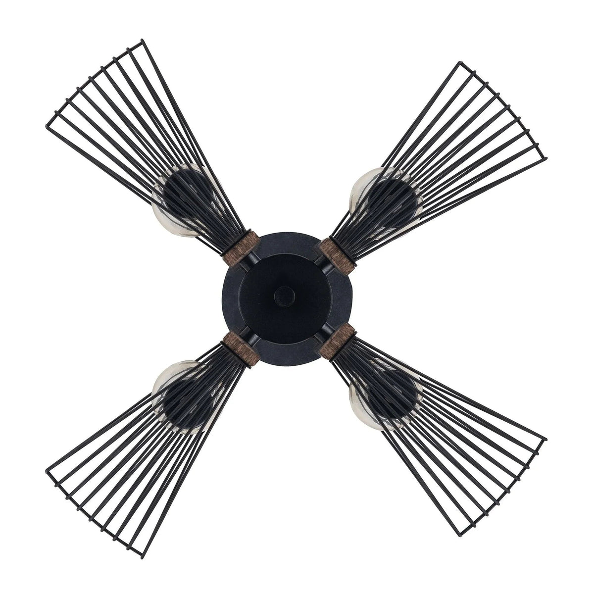 Black and wood 4-light pendant with four wire cage arms radiating from round canopy