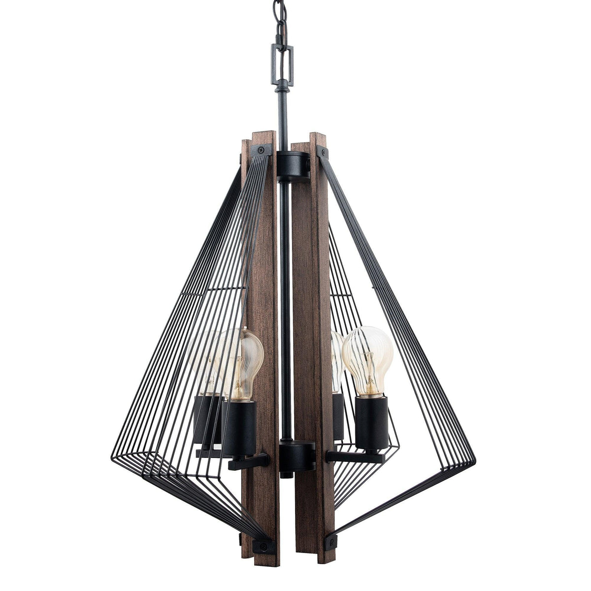 Black and wood island pendant with four wire cage shades and exposed Edison-style bulbs