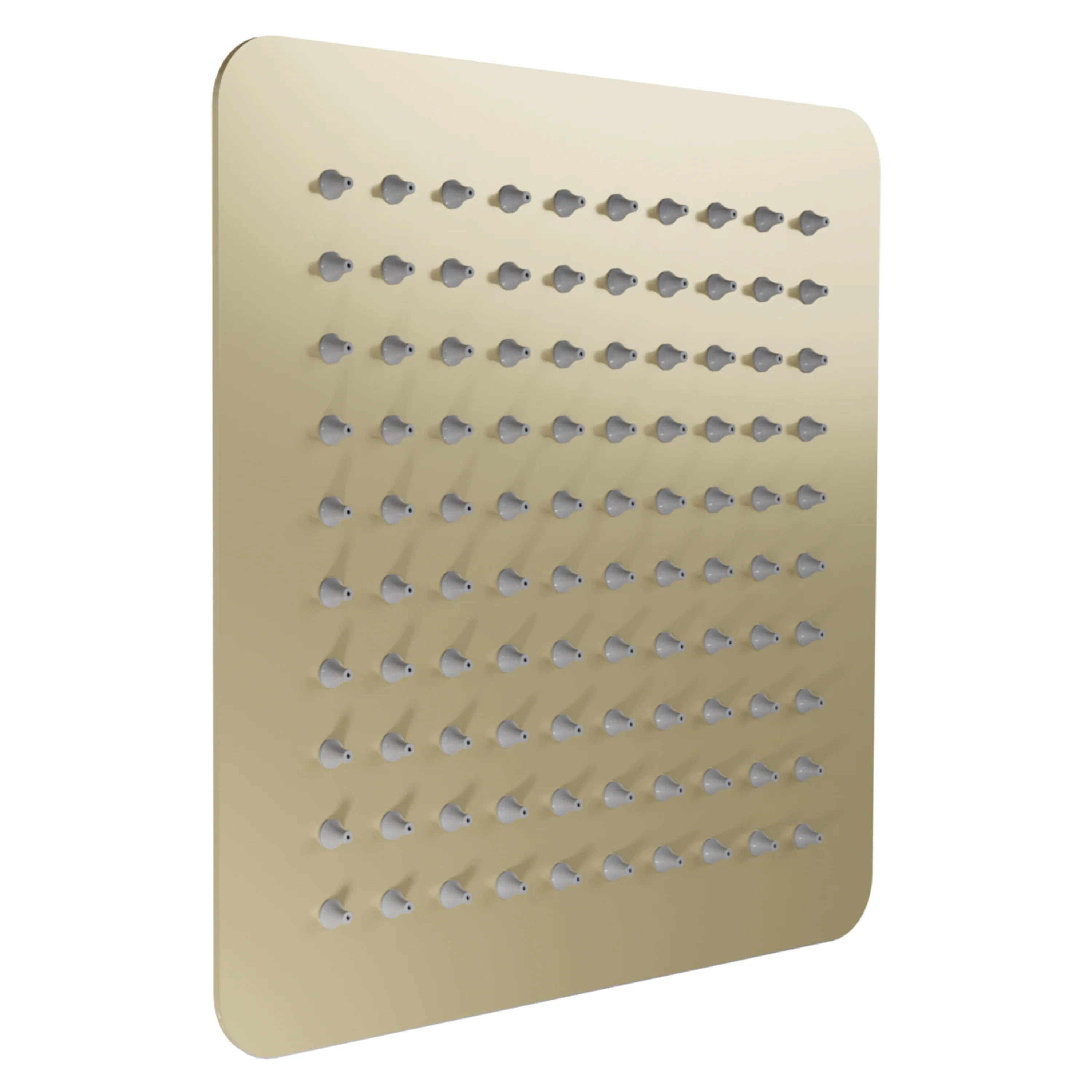 Champagne bronze shower head plate with grid of small spray nozzles