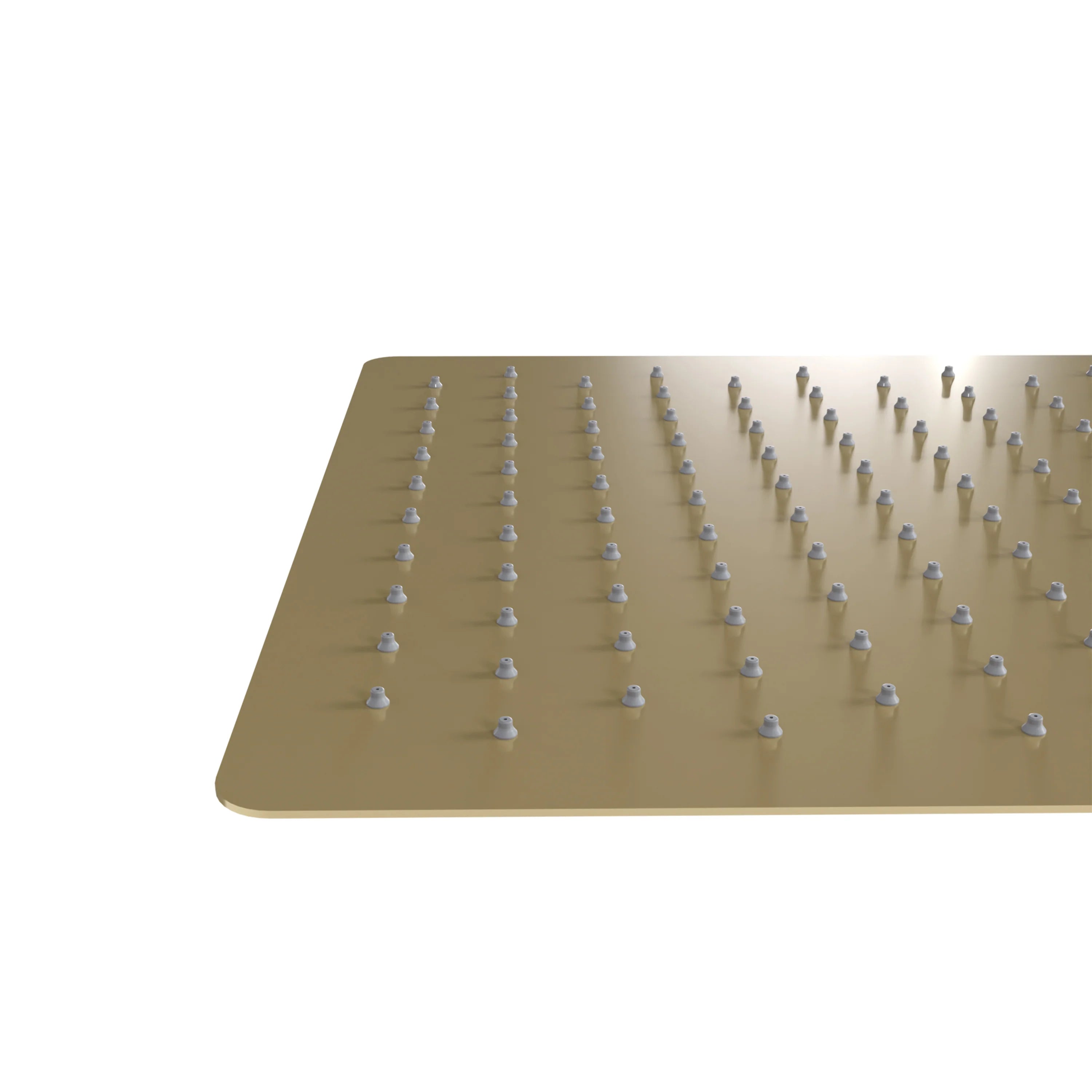 Champagne bronze 16-inch rain shower head panel with round spray nozzles across face