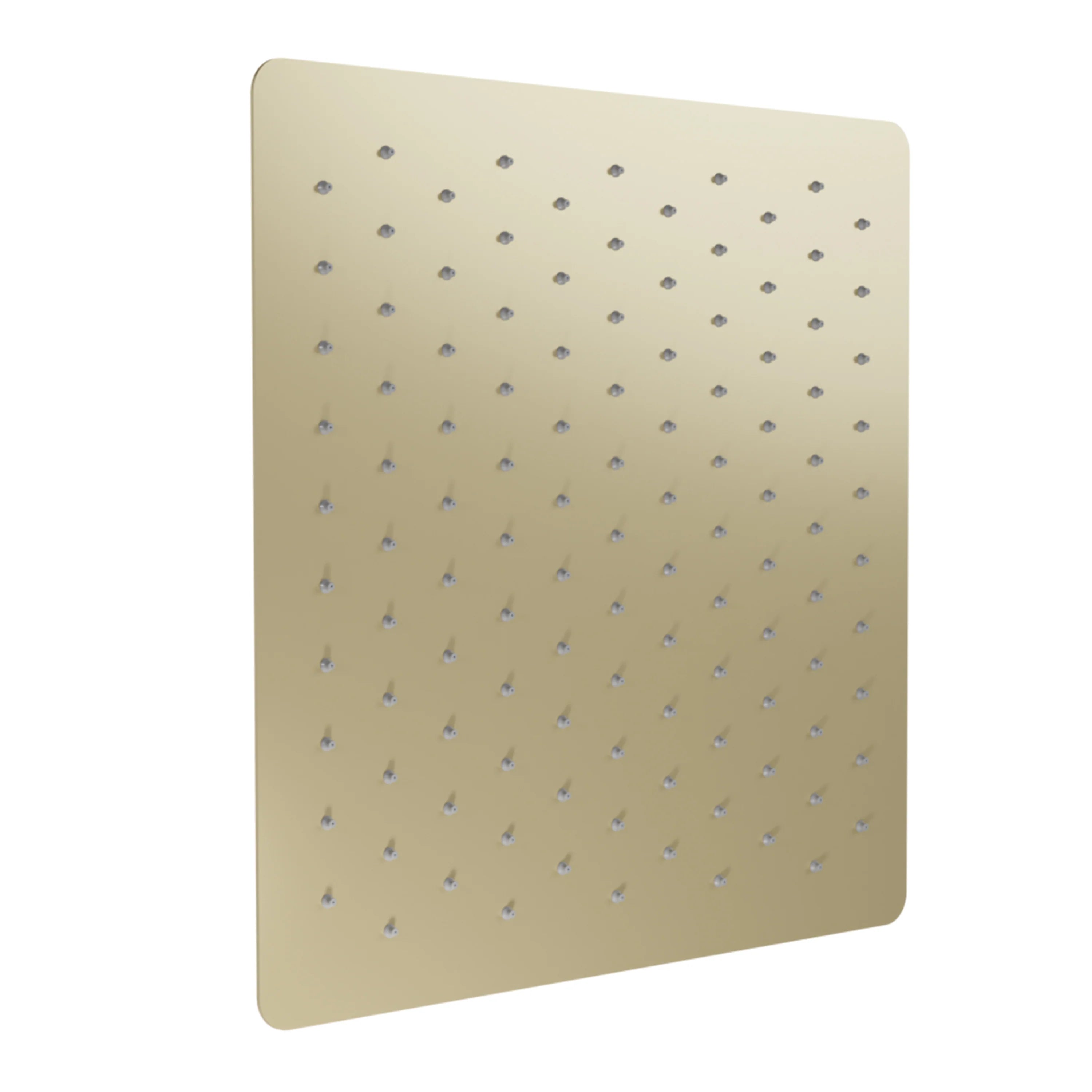 16-inch square shower head panel in champagne bronze with evenly spaced spray nozzles