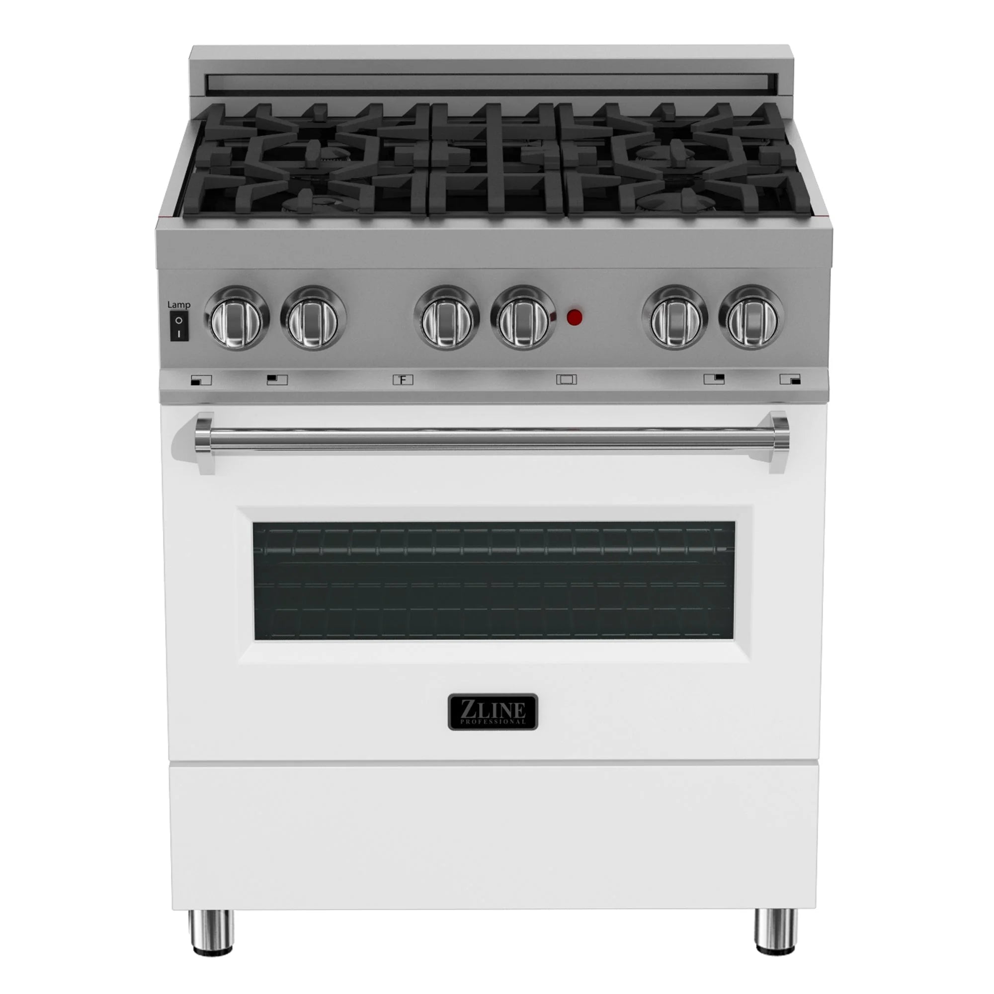 Stainless steel dual fuel range with burner grates, front knobs, and glass oven window