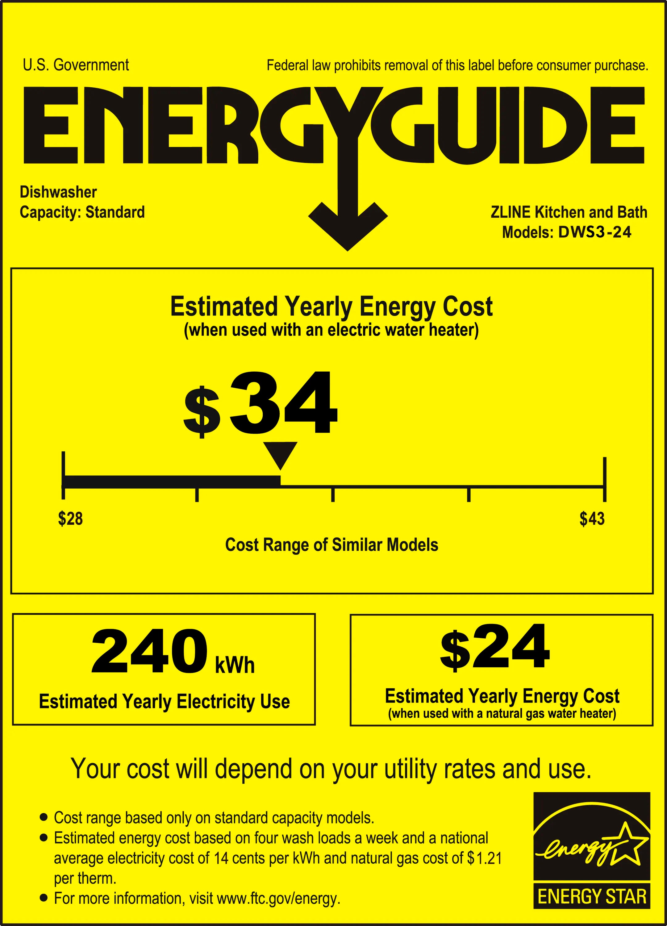 Dishwasher Energy Guide label with estimated yearly cost and 240 kWh