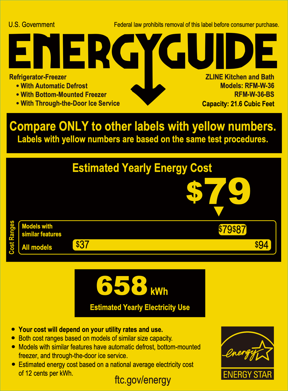 Energy Guide label showing estimated yearly electricity cost $79 and 658 kWh