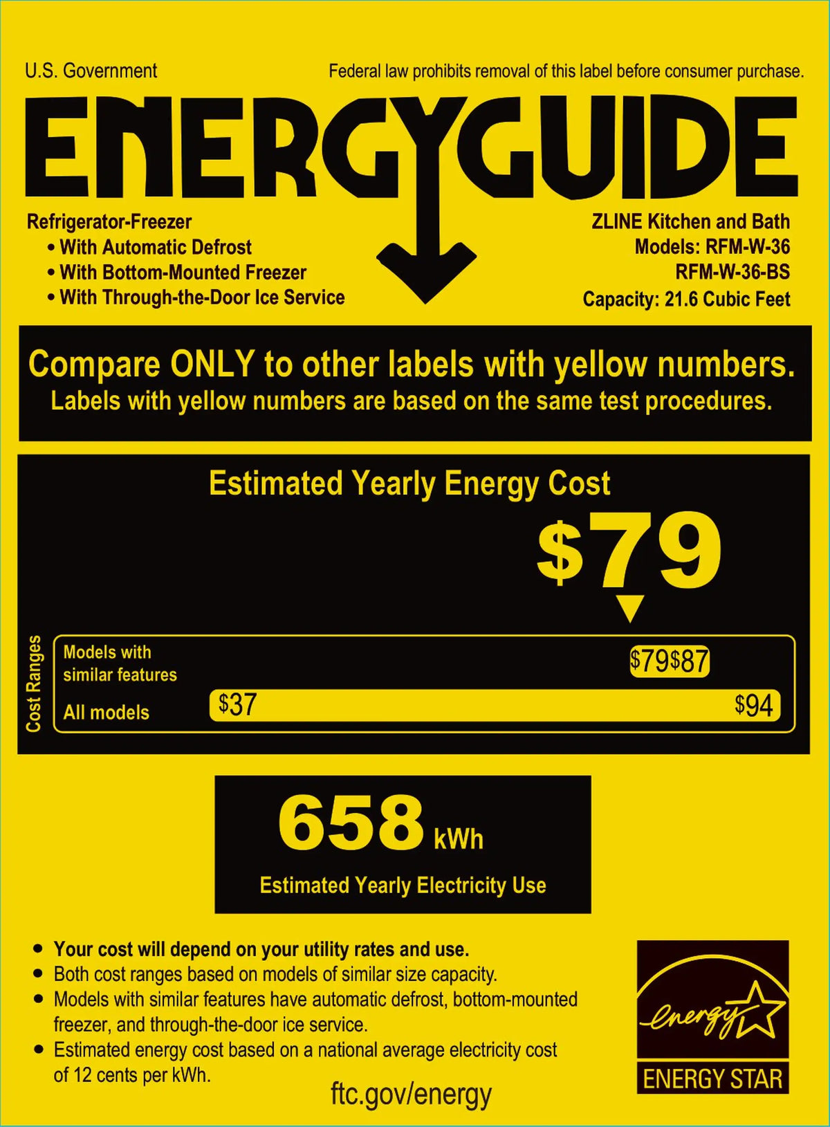 Energy Guide label for refrigerator-freezer, estimated yearly electricity use