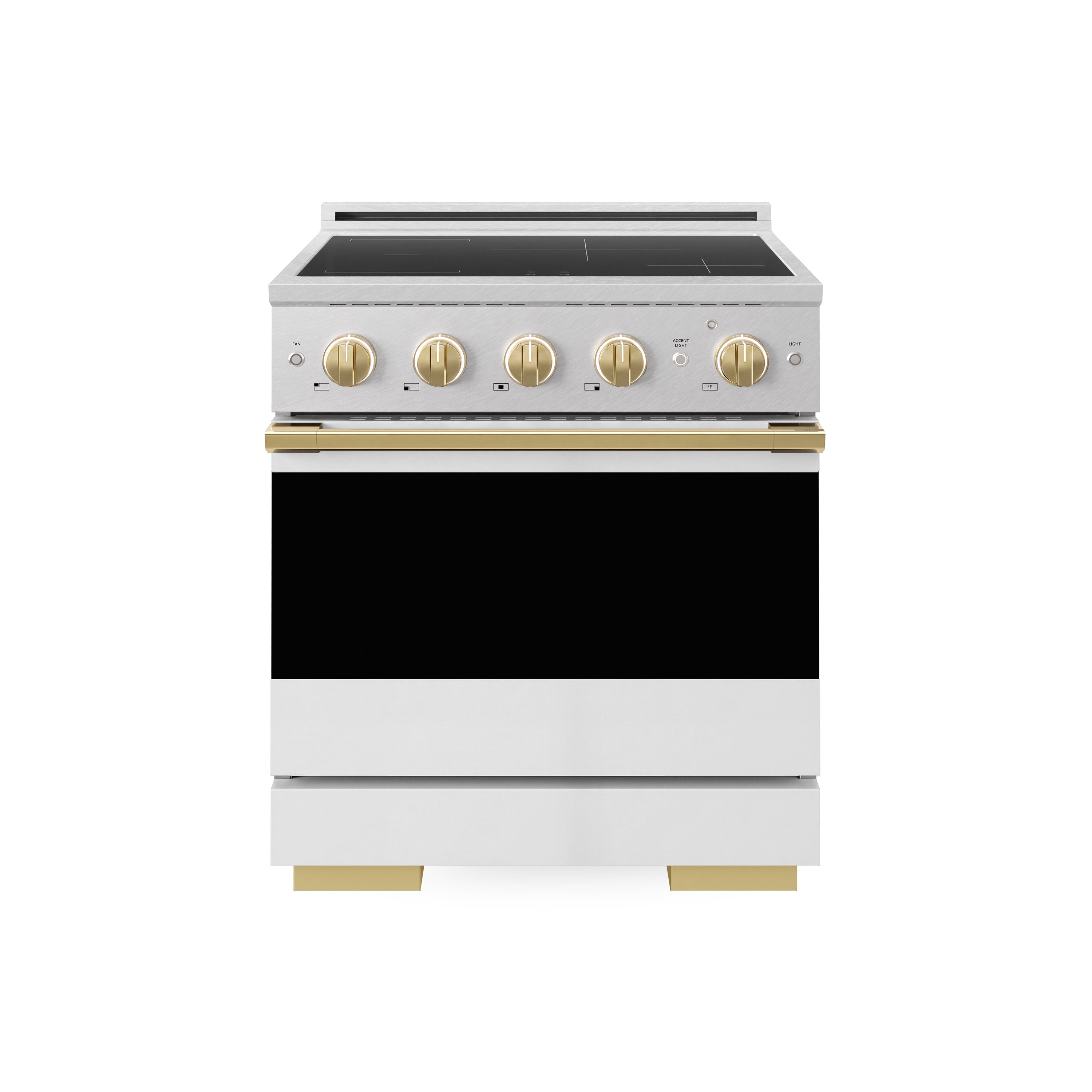 ZLINE Autograph Edition 30-Inch 4.2 cu. ft. Marino Induction Range with 4 Element Cooktop and Electric Convection Oven in Satin Stainless Steel with White Matte Door and Polished Gold Accents (MINRSZ-WM-30-G)