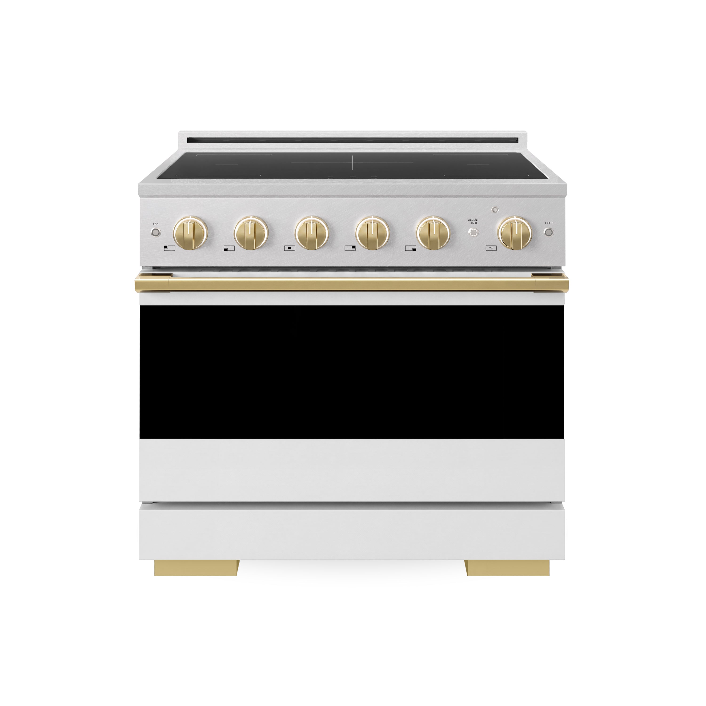 ZLINE Autograph Edition 36-Inch 5.2 cu. ft. Marino Induction Range with 5 Element Cooktop and Electric Convection Oven in Satin Stainless Steel with White Matte Door and Polished Gold Accents (MINRSZ-WM-36-G)