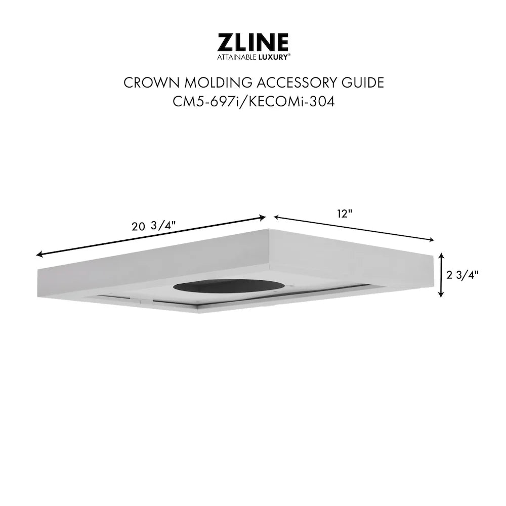 Range hood crown molding guide with measurements, light gray outline diagram