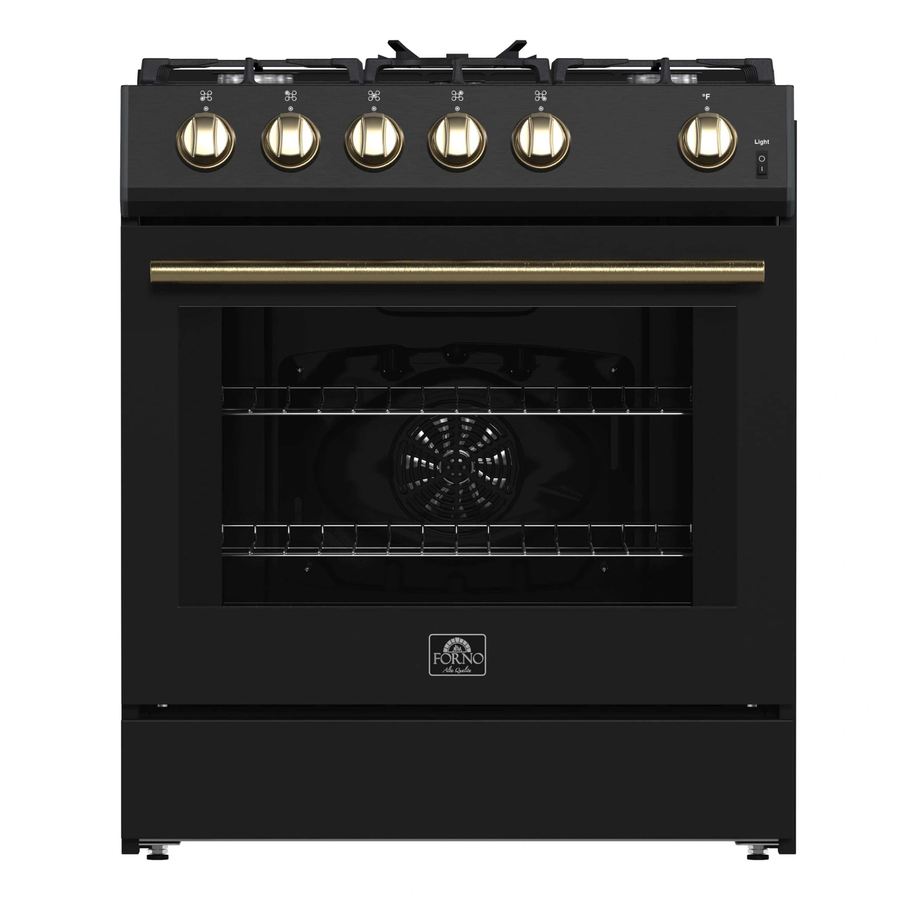Black gas range front with brass knobs and glass oven door