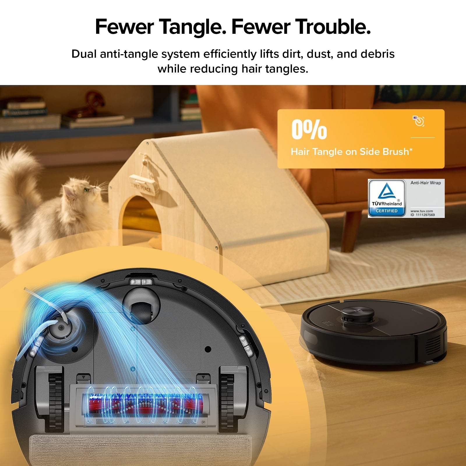 Black robot vacuum top view with side brush and front suction openings