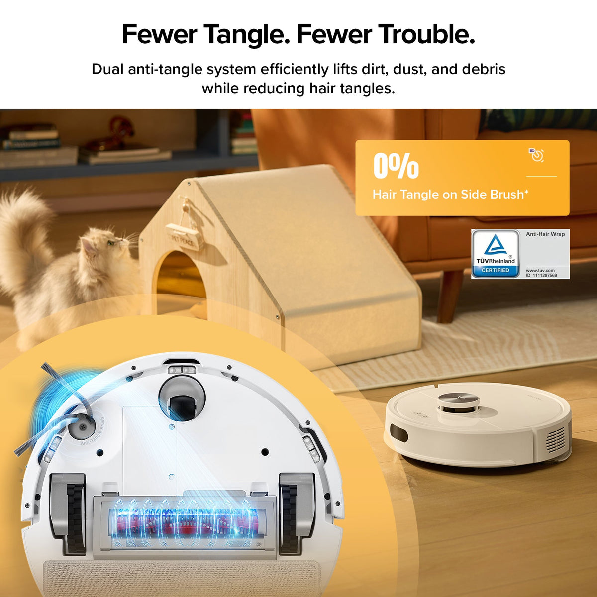 Robot vacuum showing side brush anti-tangle design and dust-lifting airflow