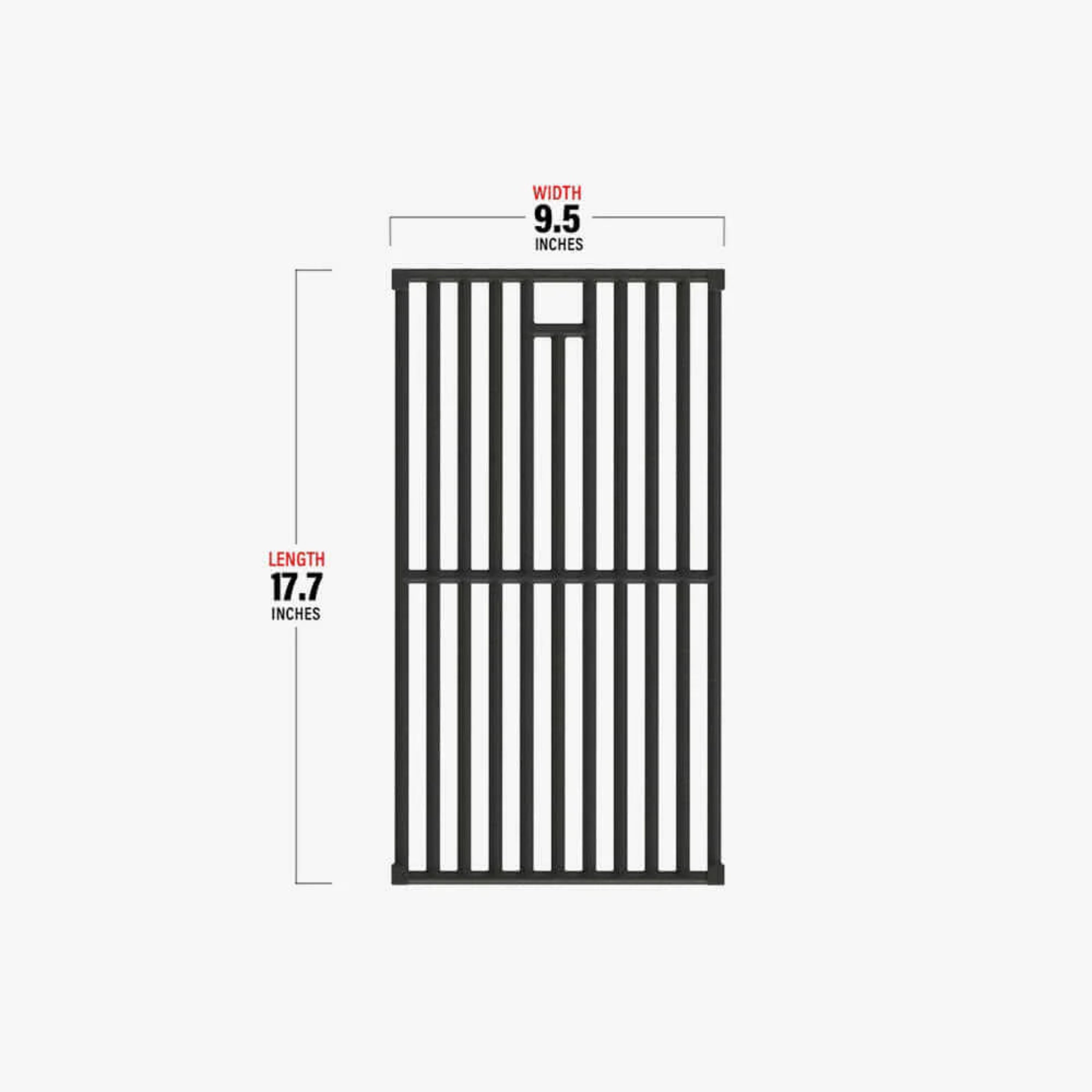 Black cast iron grill grate with vertical bar slots, 9.5 in W and 17.7 in L