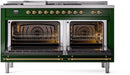 ILVE Nostalgie II 60-Inch Propane Gas Dual Fuel Range with 7 Burners, Griddle, & French Top with Triple Glass Door Oven in Emerald Green with Brass Trim (UP60FSNMPEGGLP)