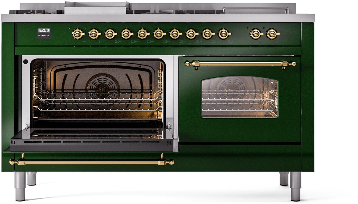 Emerald green range with one oven door open and a second oven door with glass