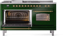 ILVE Nostalgie II 60-Inch Propane Gas Dual Fuel Range with 7 Burners, Griddle, & French Top with Triple Glass Door Oven in Emerald Green with Brass Trim (UP60FSNMPEGGLP)