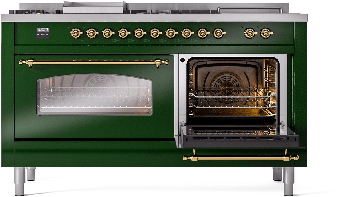 Emerald green range with left oven door open and right glass oven door closed