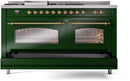 ILVE Nostalgie II 60-Inch Natural Gas Dual Fuel Range with 7 Burners, Griddle, & French Top with Triple Glass Door Oven in Emerald Green with Brass Trim (UP60FSNMPEGG)