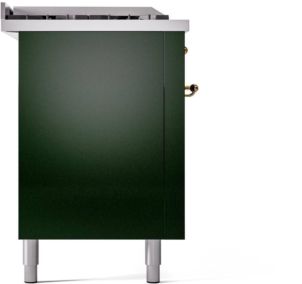 Emerald green range side panel with brass handle and four leveling legs
