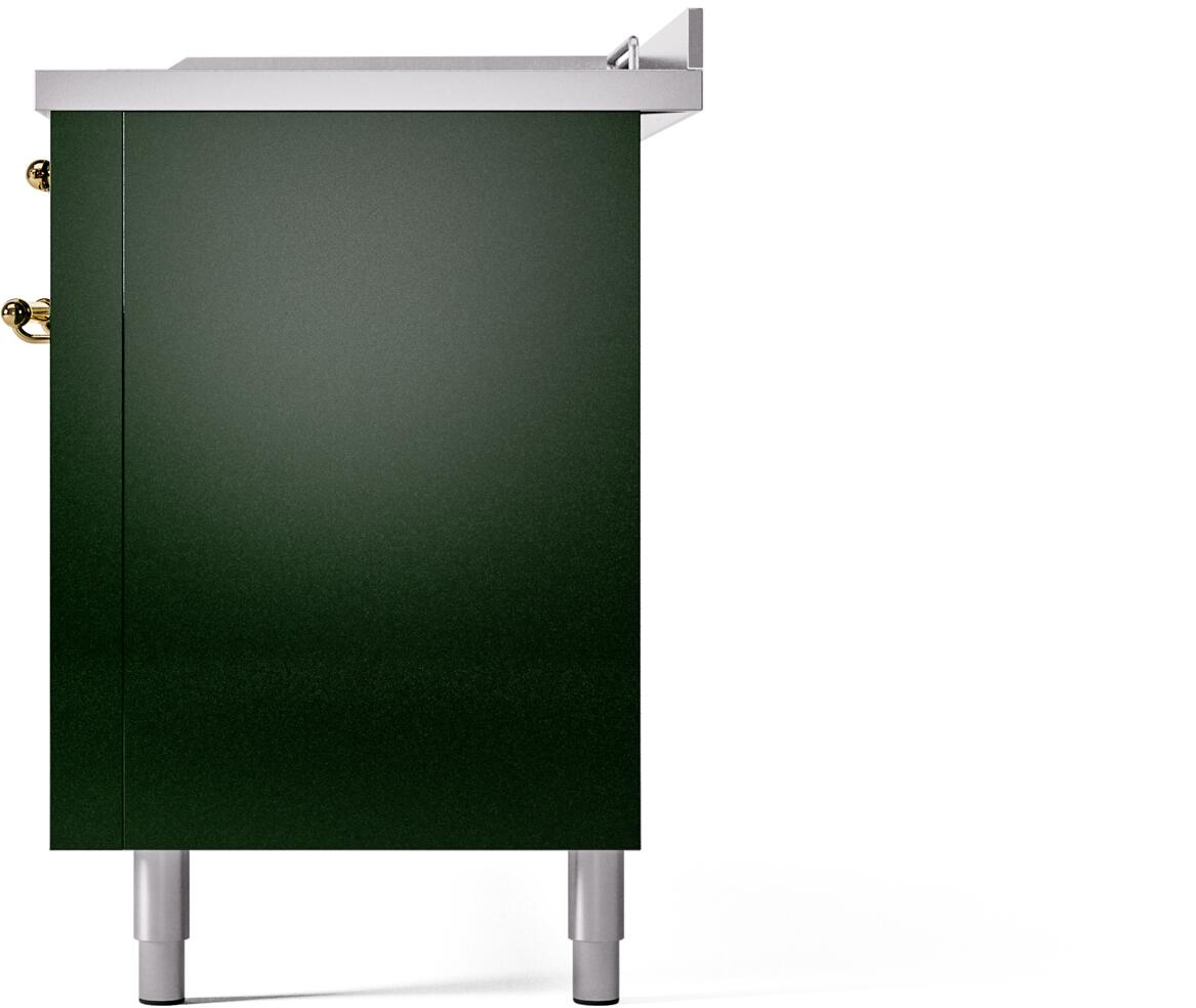 Emerald green range side cabinet panel with brass hinges and four leveling legs