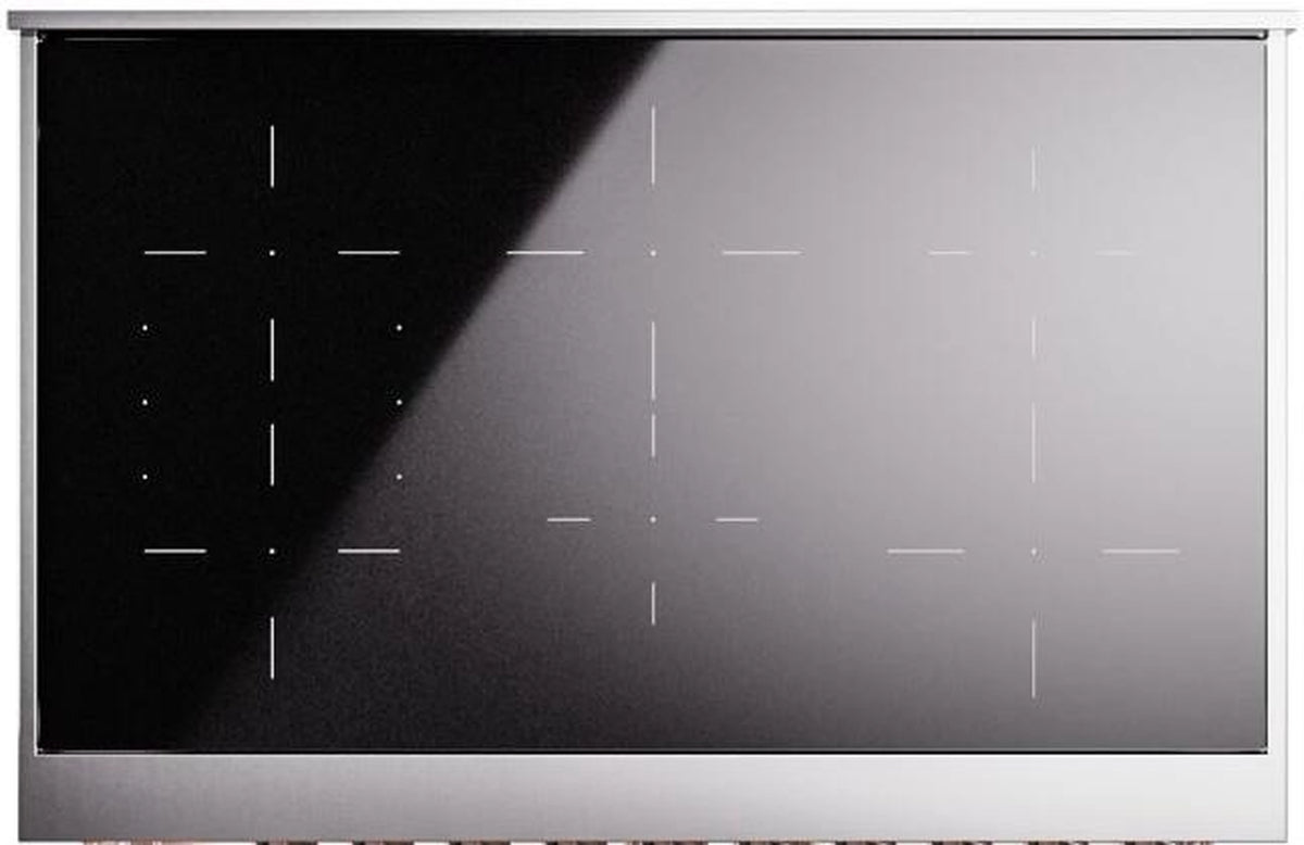 Freestanding induction cooktop glass panel with dark surface and metal trim