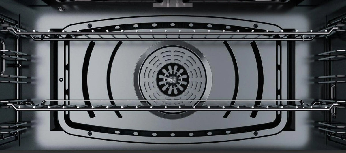 Oven interior view with circular fan and rack rails in freestanding electric induction range