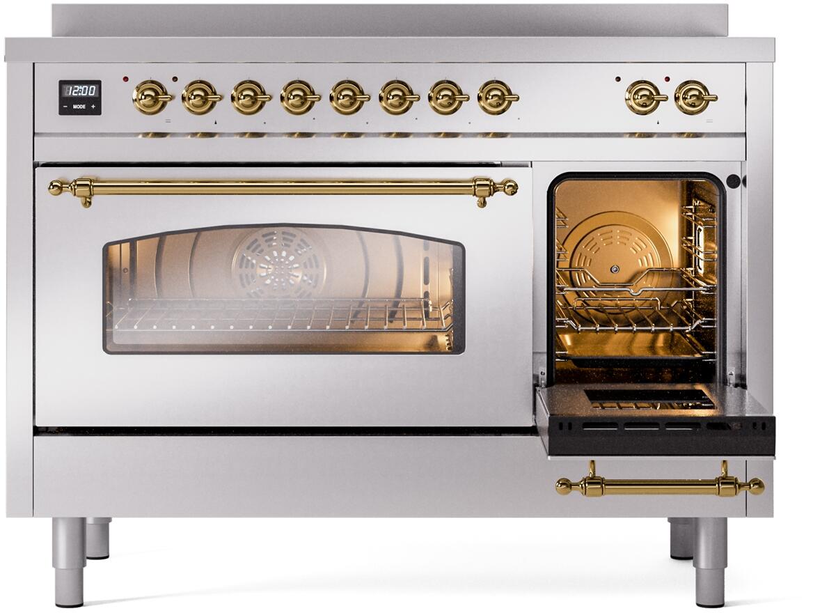 Stainless steel induction range with brass trim, wide oven window and open door