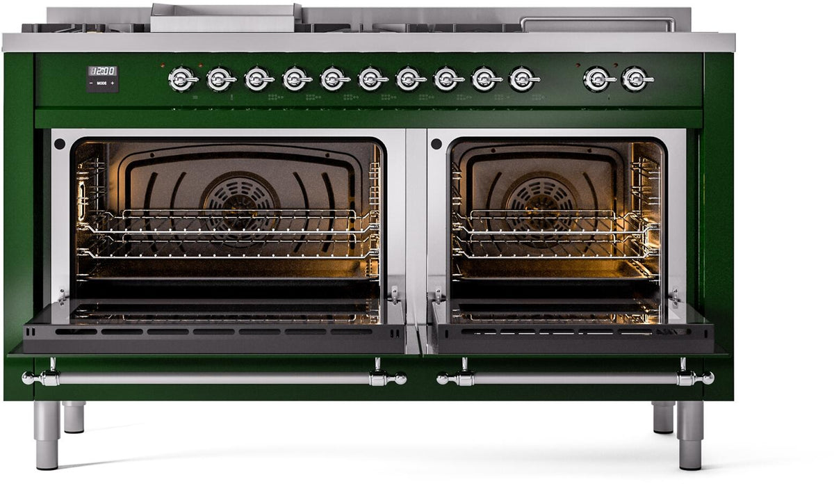 Emerald green dual fuel range with two open ovens and chrome racks