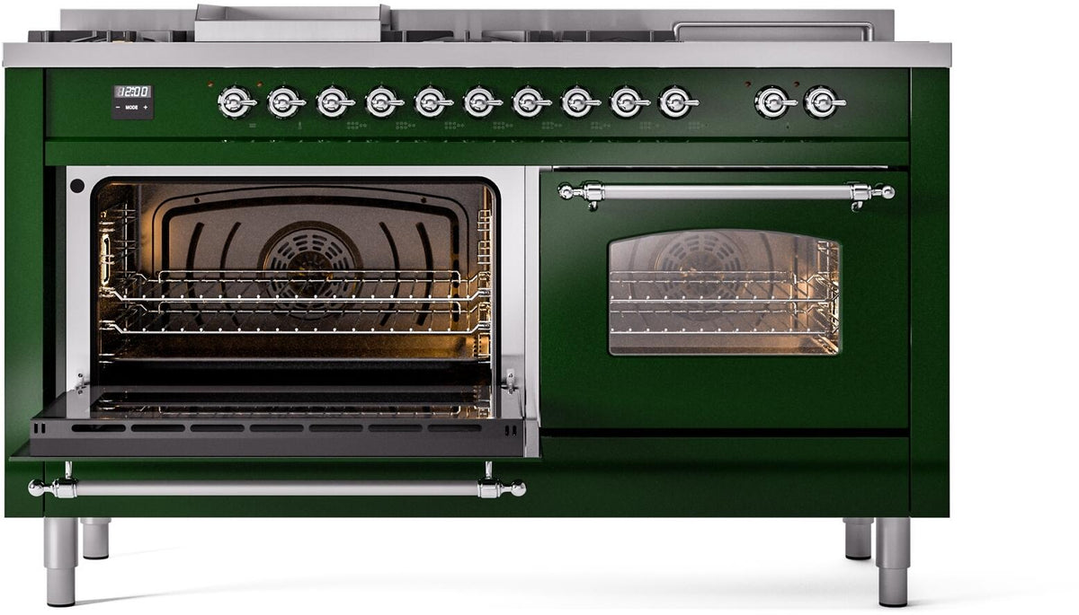 Emerald green dual fuel range showing left oven open and right oven door closed