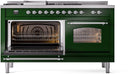 ILVE Nostalgie II 60-Inch Natural Gas Dual Fuel Range with 7 Burners, Griddle, & French Top with Triple Glass Door Oven in Emerald Green with Chrome Trim (UP60FSNMPEGC)