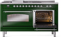 ILVE Nostalgie II 60-Inch Propane Gas Dual Fuel Range with 7 Burners, Griddle, & French Top with Triple Glass Door Oven in Emerald Green with Chrome Trim (UP60FSNMPEGCLP)