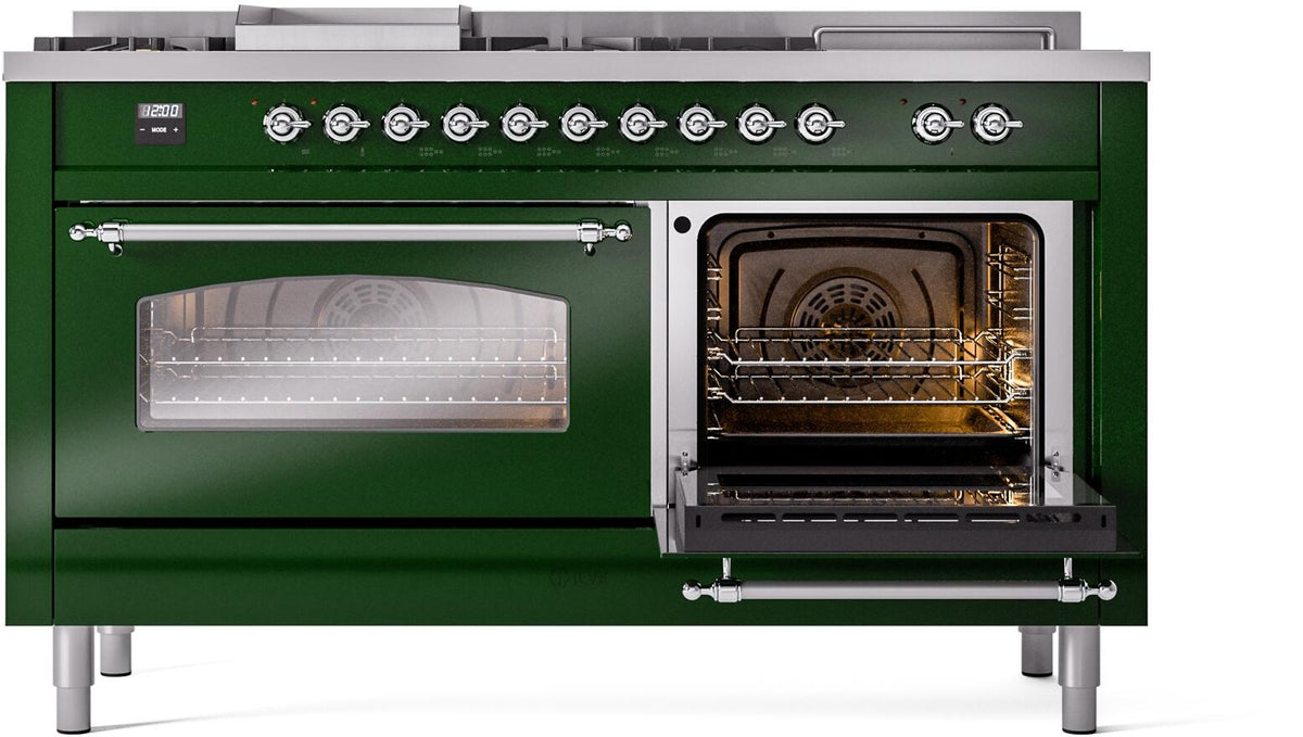Emerald green dual fuel range with one oven door open and control knobs