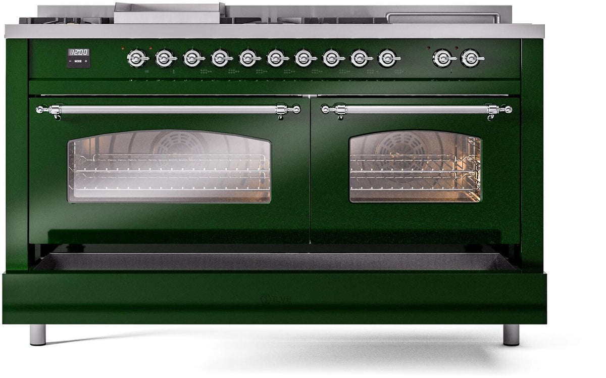 Emerald green dual fuel range with two closed glass-front oven doors