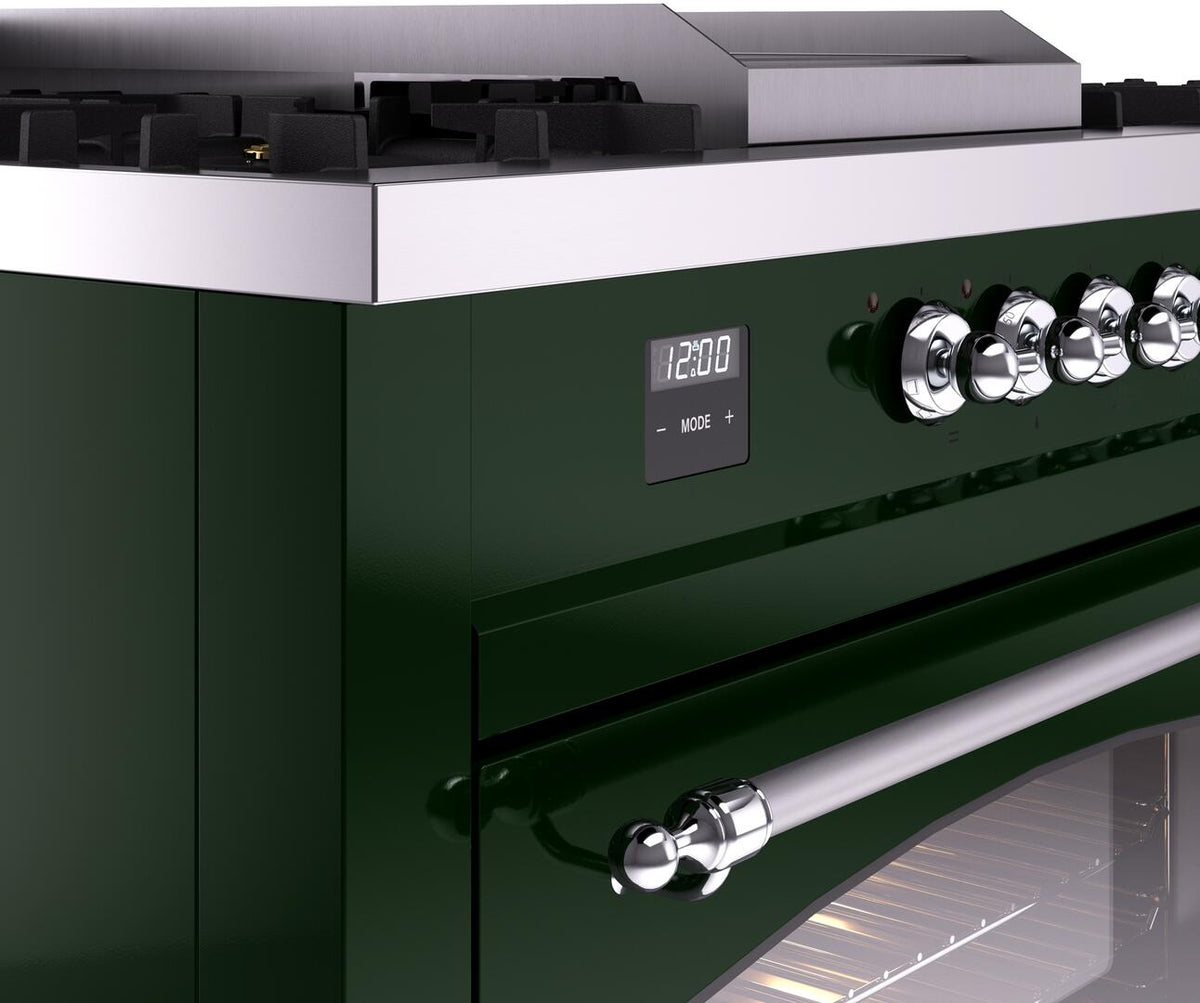 Emerald green control panel with multiple chrome knobs and digital display