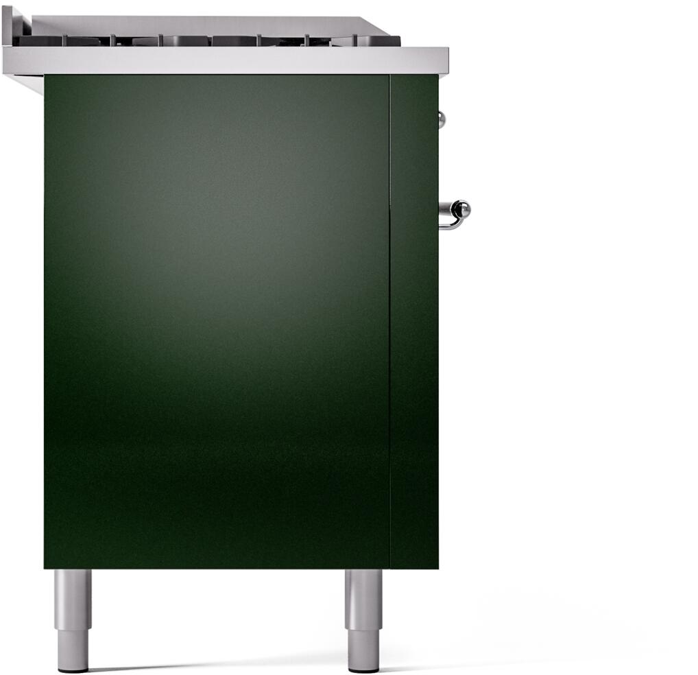 Emerald green dual fuel range side panel with chrome trim and legs