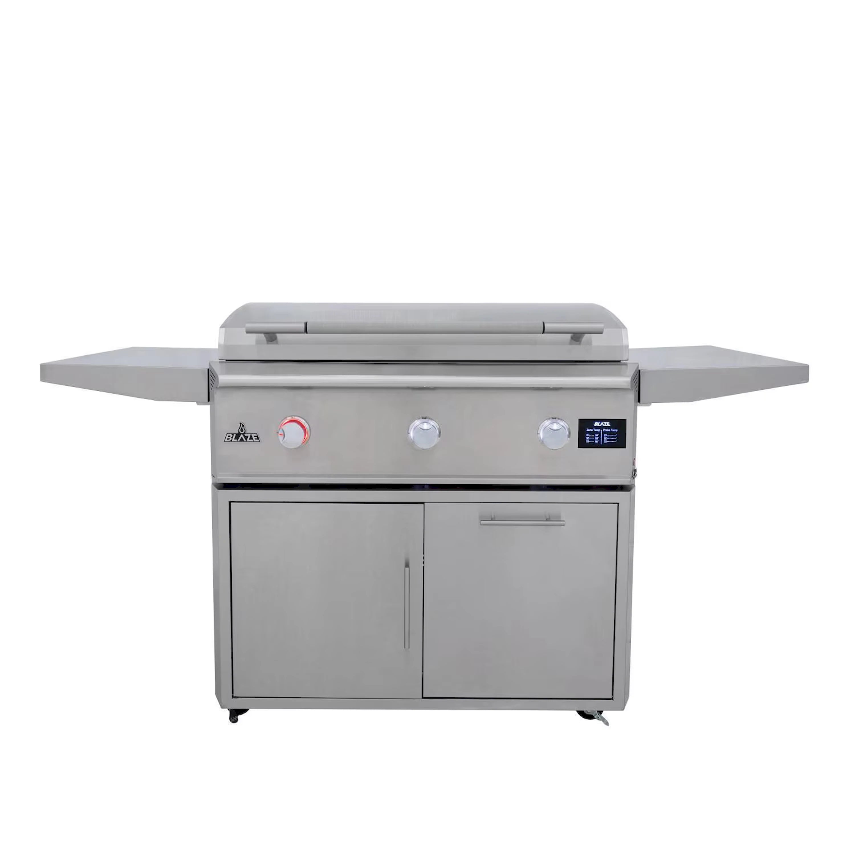 Freestanding gas griddle grill with closed lid, side shelves, and digital display