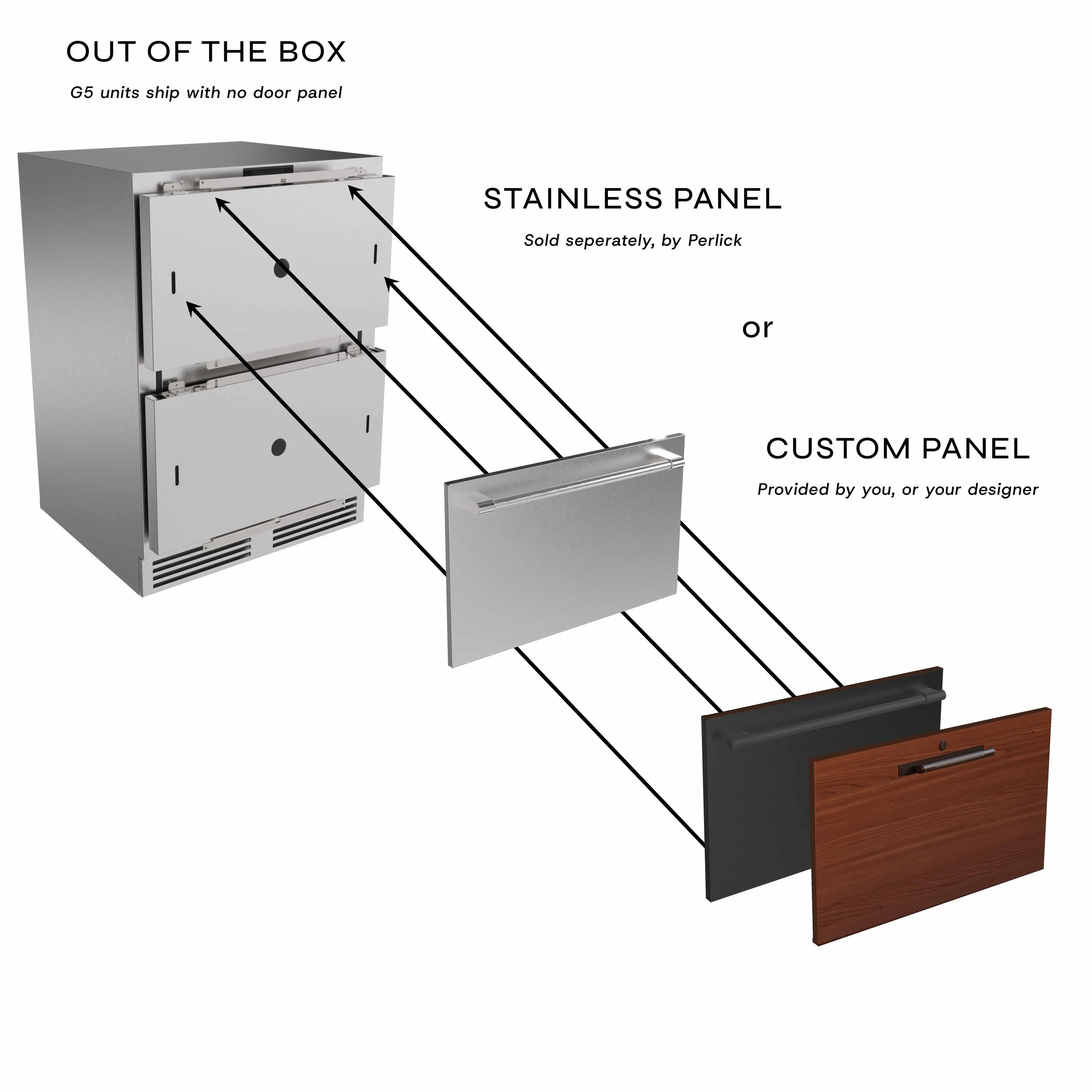 Undercounter refrigerator drawer unit with pull-out drawers, stainless exterior, panel-ready design
