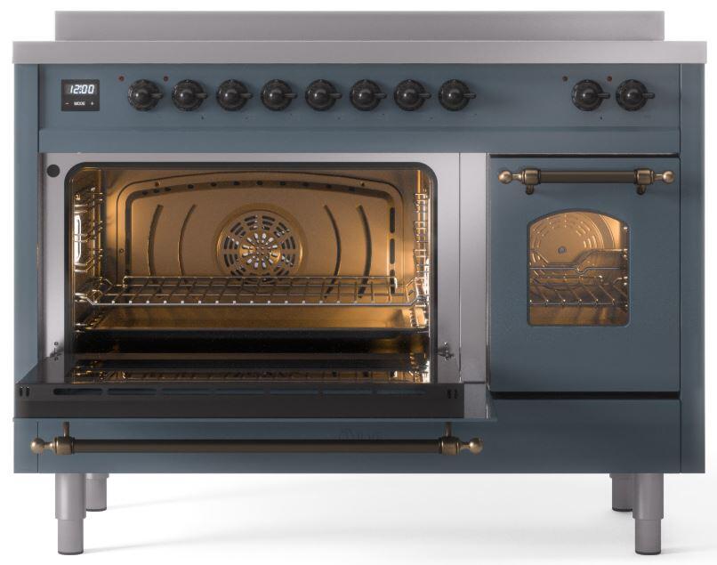 Induction range front view with both oven sections open, lit interior and racks shown