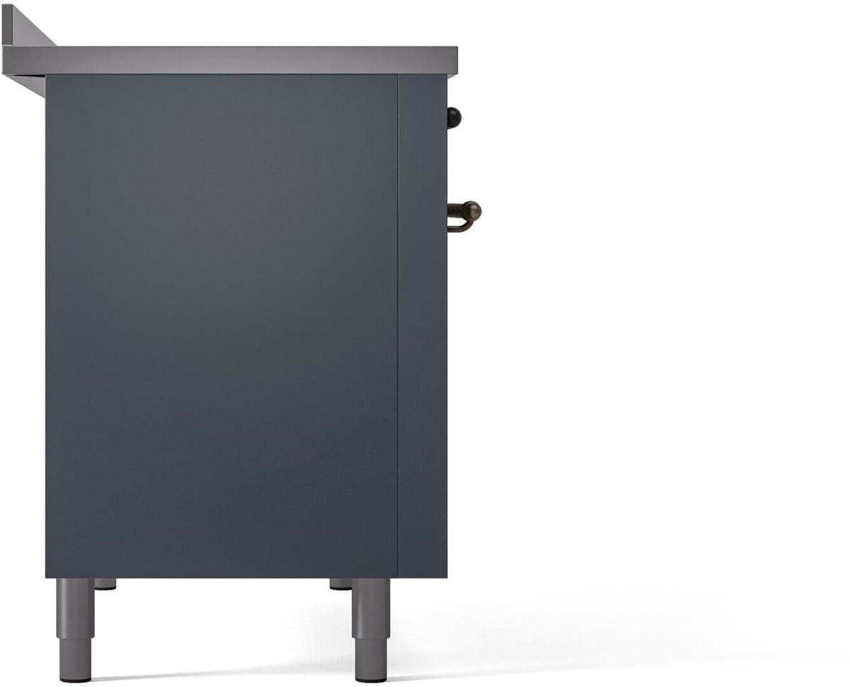 Freestanding electric induction range cabinet rear view in blue grey with legs and handles