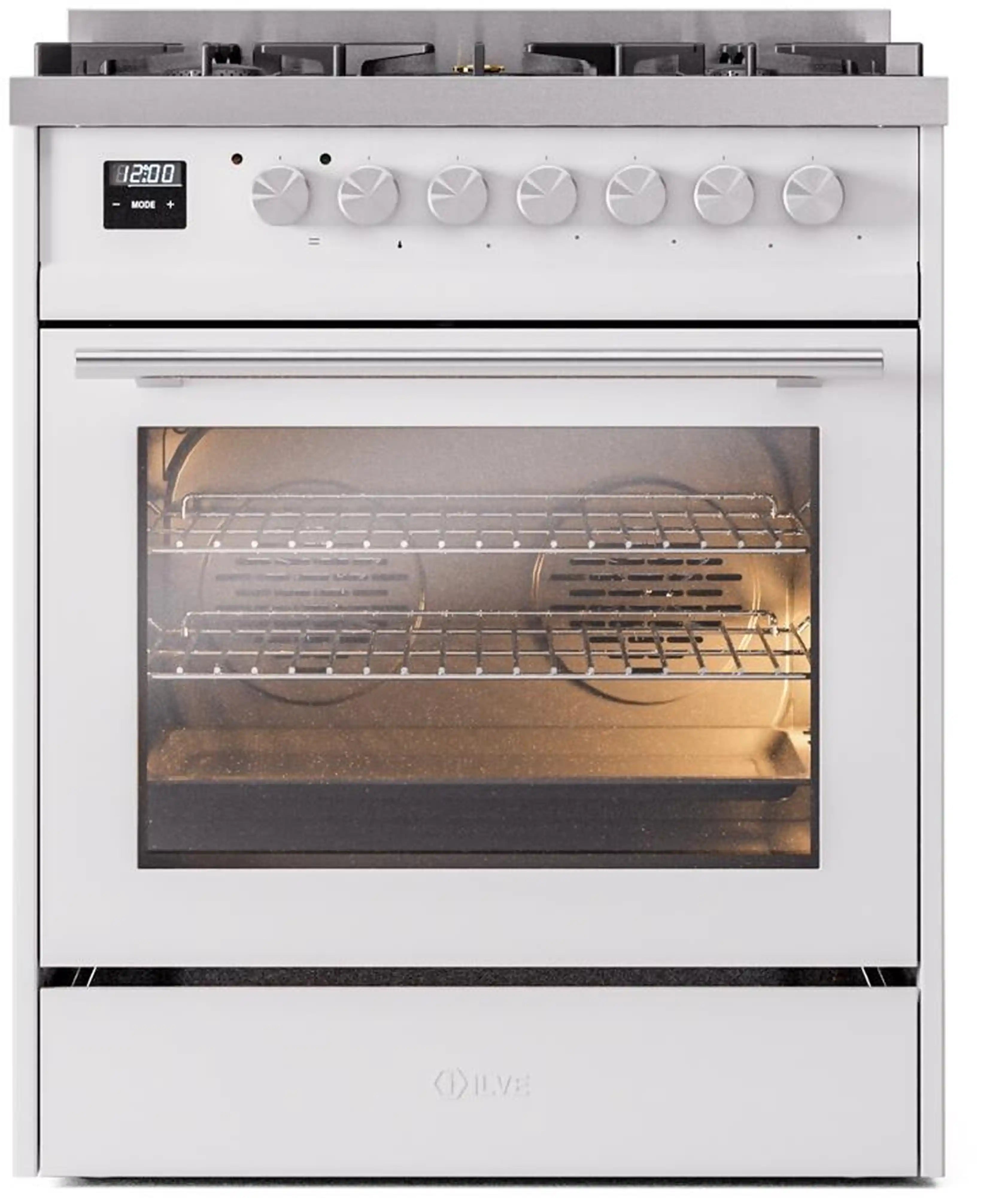 Freestanding oven with interior light on and racks installed