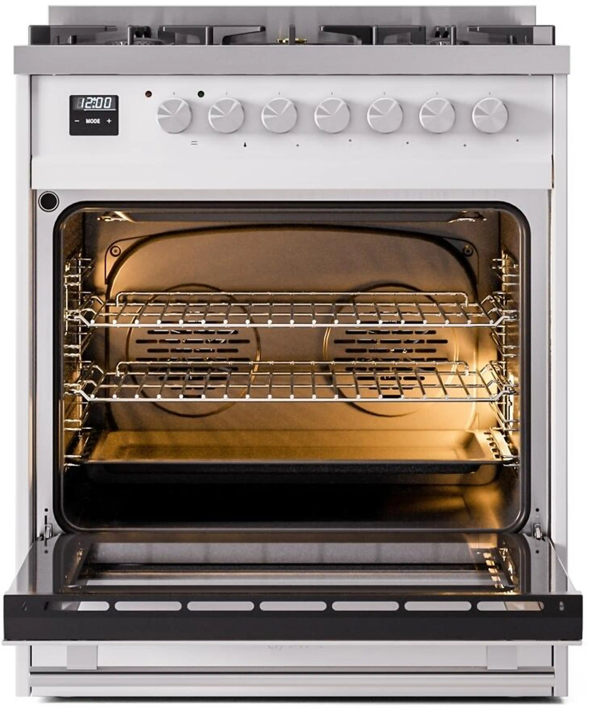 White dual fuel range with open oven door, rack system, and glowing heating elements