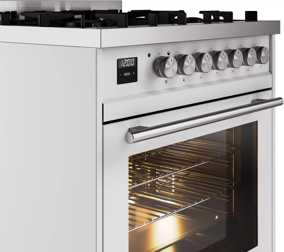 White freestanding gas range control panel with knobs and oven door