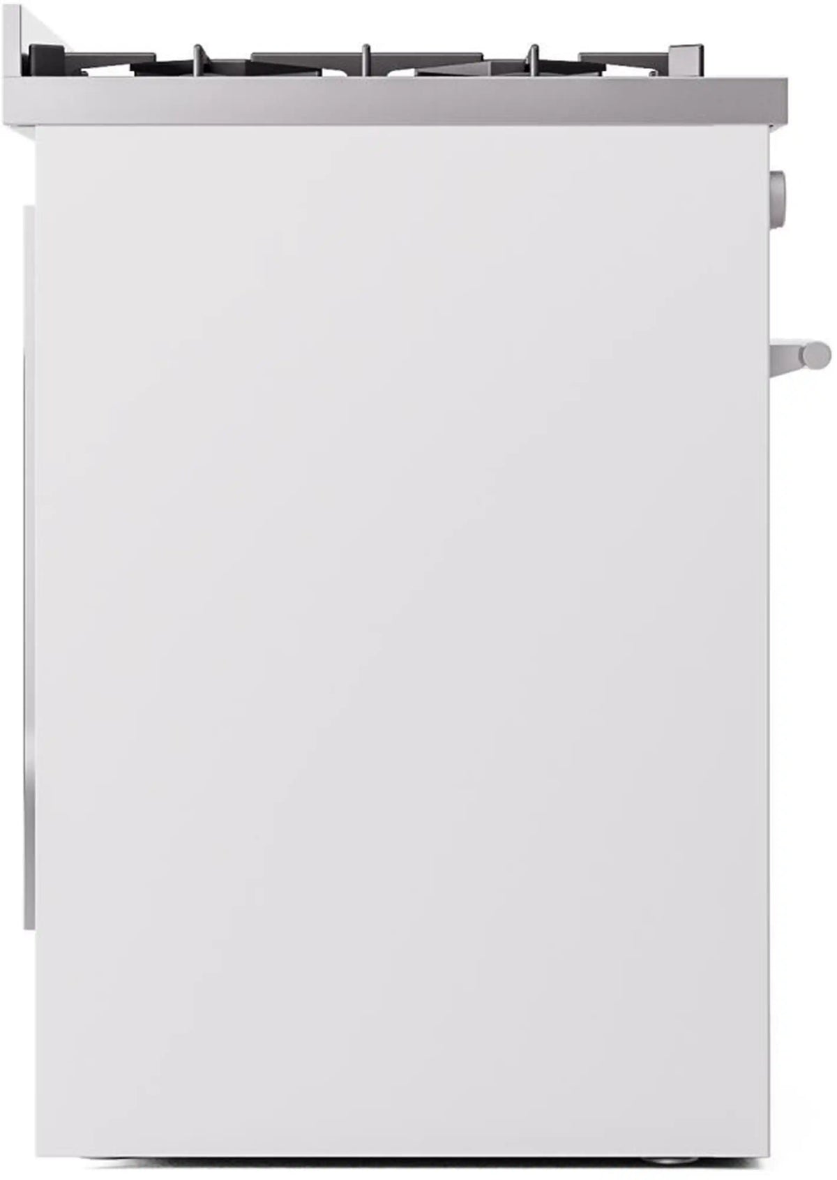 White freestanding gas range rear-side view with control side handles