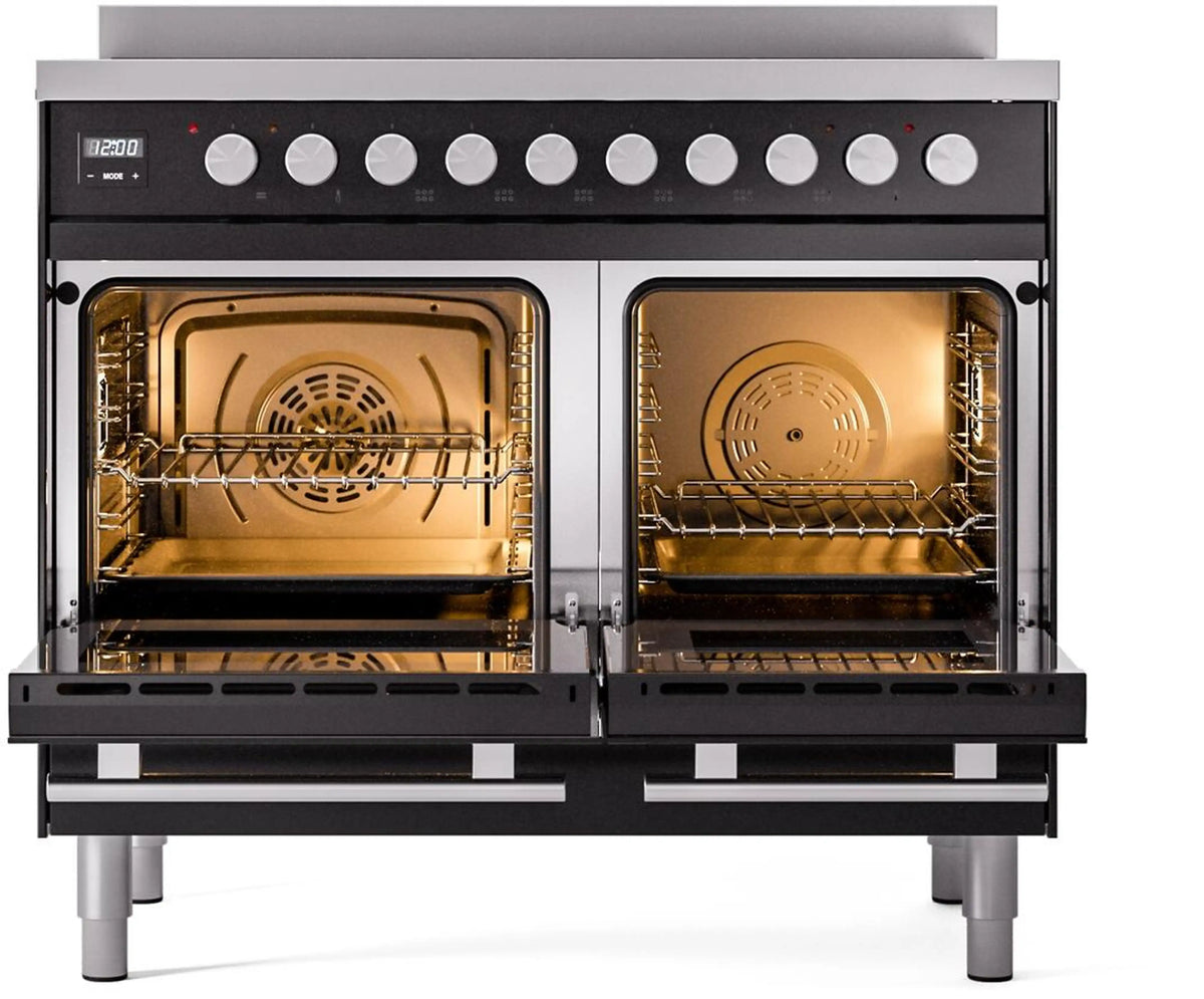Glossy black 40-inch induction range with two open oven doors and control panel
