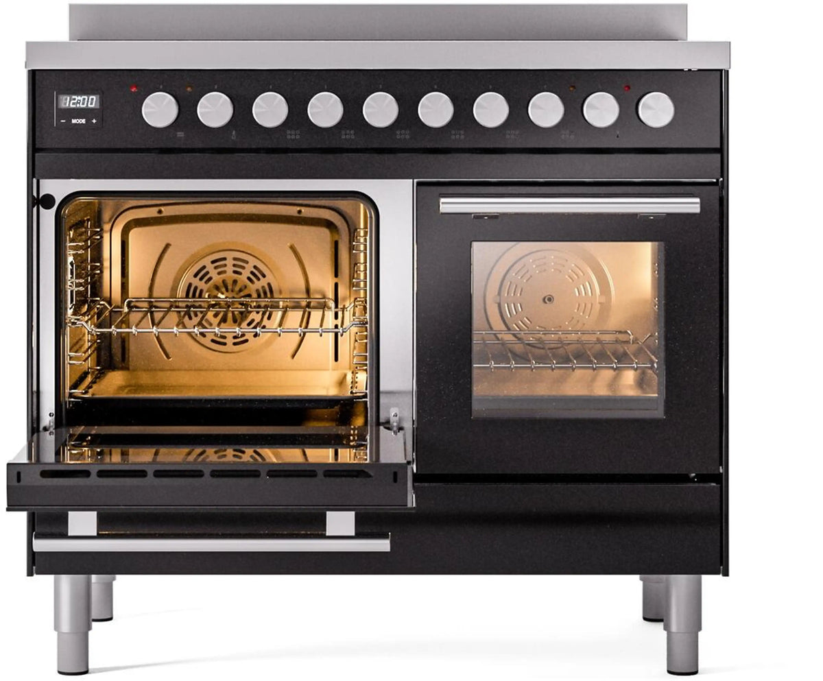 Glossy black induction range, left oven open with fan visible; right oven closed
