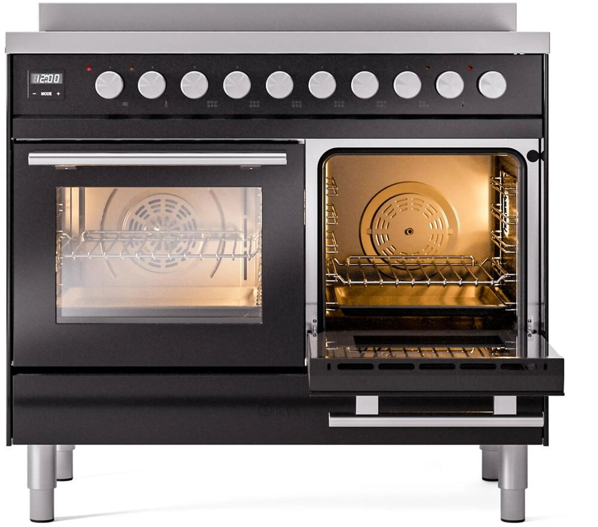 Glossy black 40-inch induction range with one open oven door and control knobs