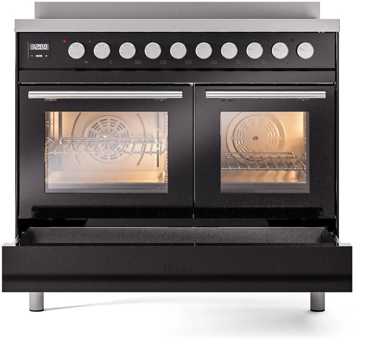Glossy black induction range showing two oven doors with interior racks and fan