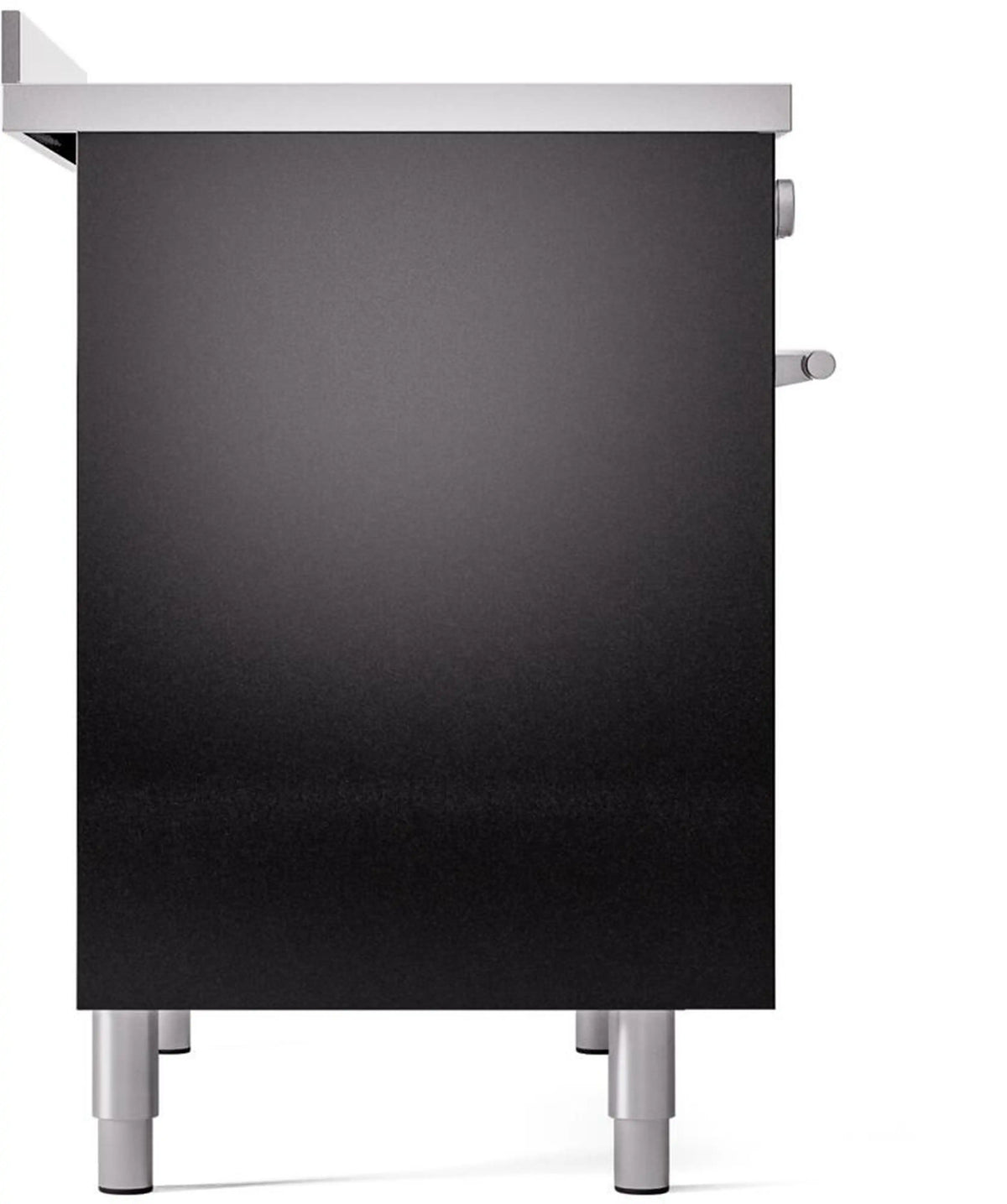 Front lower panel of black induction range with side handle and leveling feet