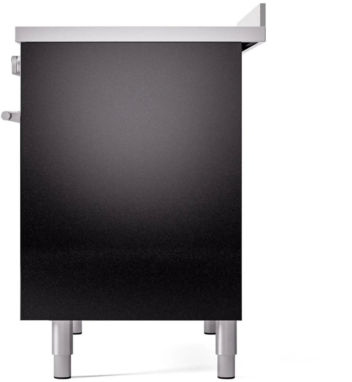 Rear-side view of black induction range with side handle and four leveling feet
