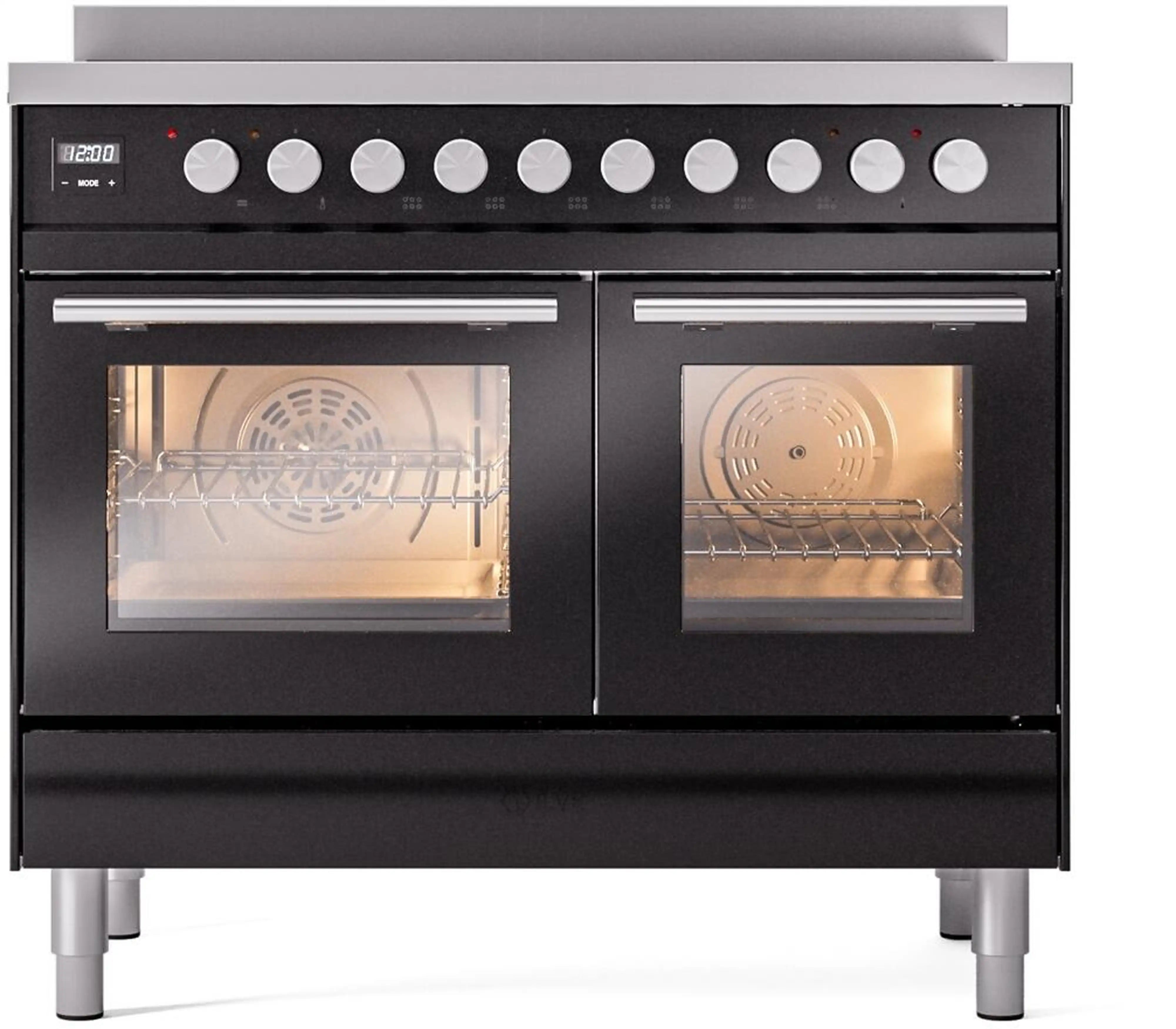 Glossy black 40-inch induction range with two oven doors and knob control row