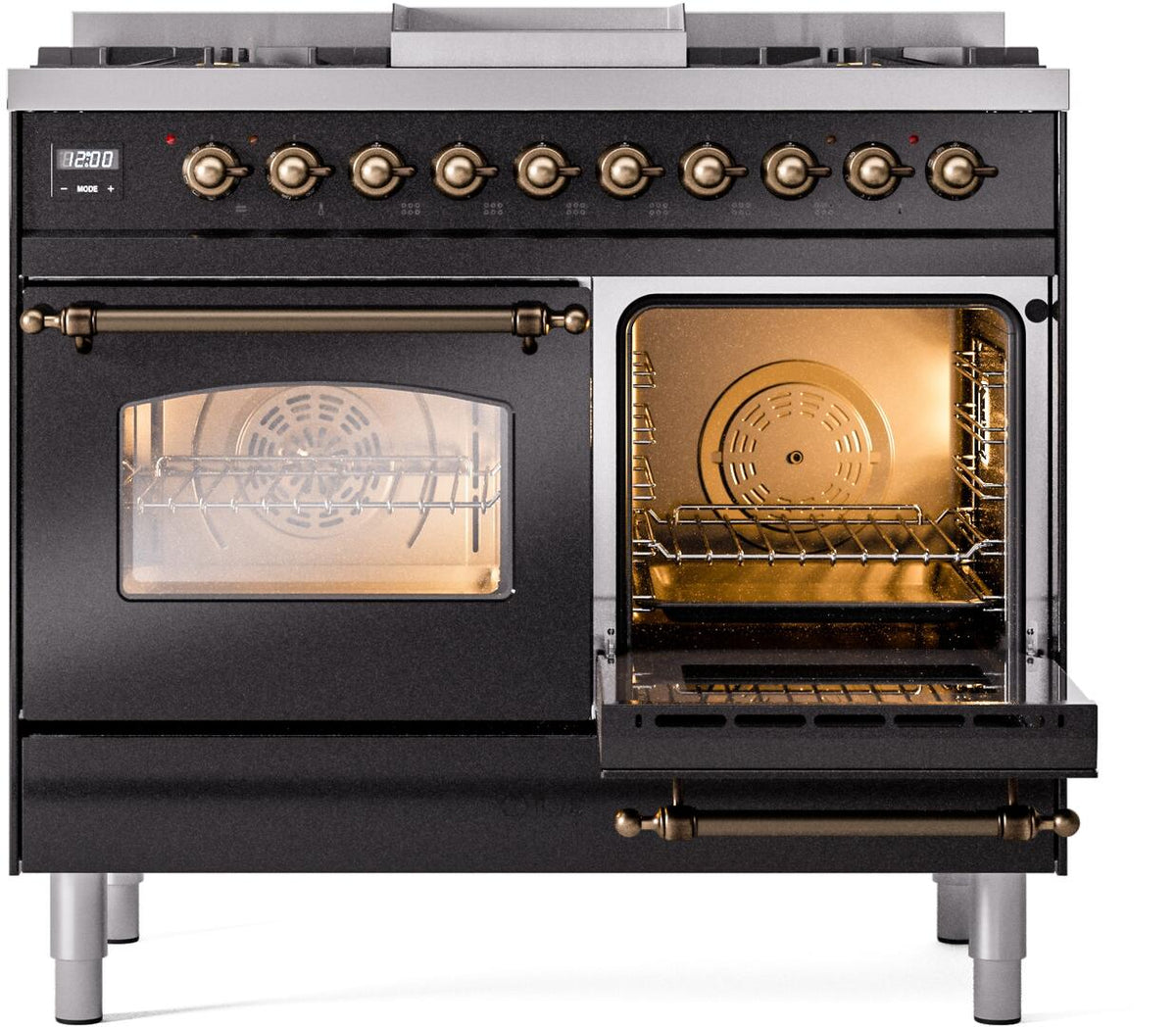 Glossy black freestanding dual fuel range with bronze knobs, open oven doors, and racks